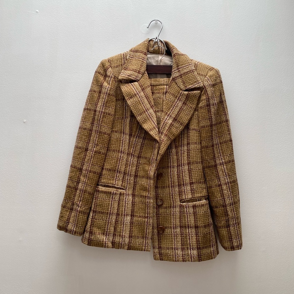 Vintage - Soft Corduroy Style 1970s Plaid Tweed Skirt and Jacket Coord Set
